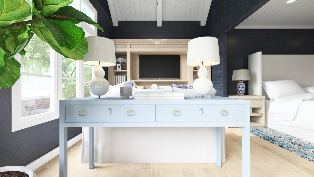 Contemporary Costal White Blue Beige Master Bedroom 3d design renderings