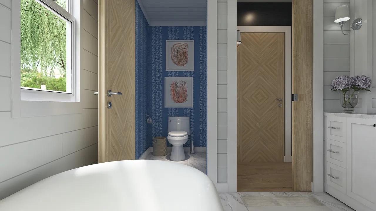 Contemporary Costal White Blue Beige MasterBathroom 3d design renderings