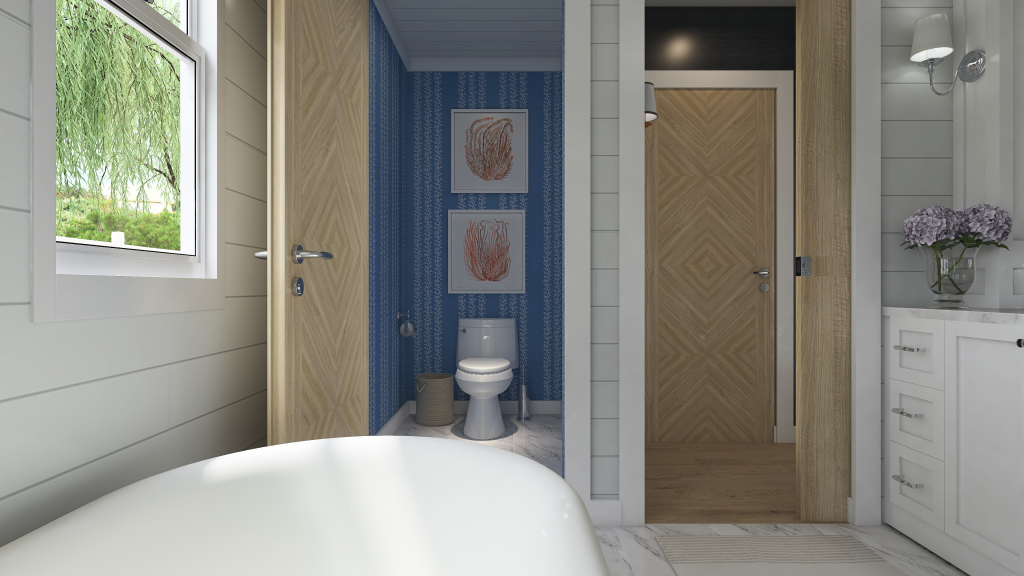 Contemporary Costal White Blue Beige Master Bedrrom 3d design renderings