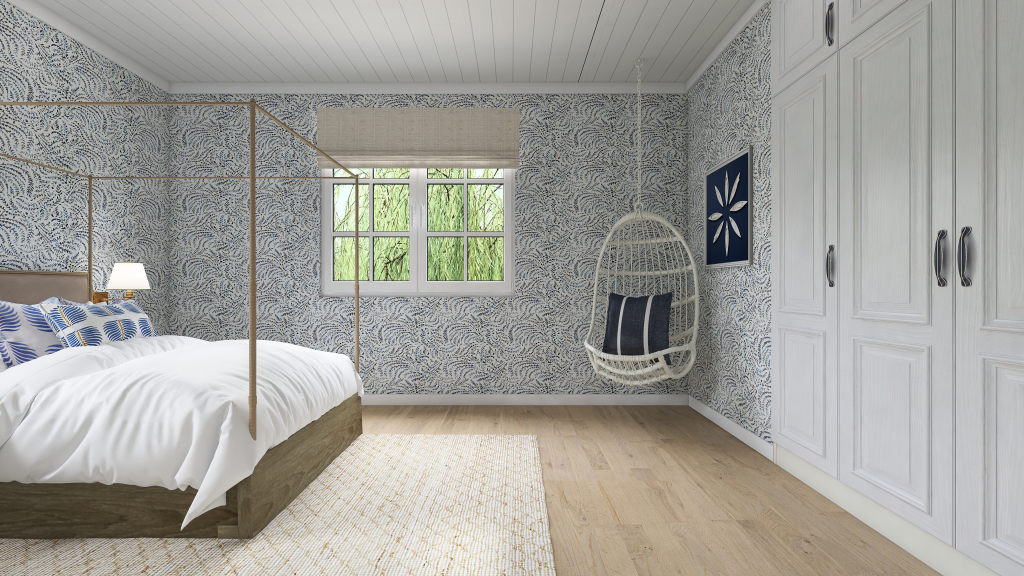 Contemporary Costal White Blue Beige Master Bedroom1 3d design renderings