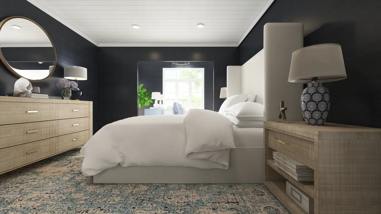 Contemporary Costal White Blue Beige MasterBedroom 3d design renderings