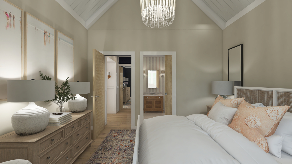 Contemporary Costal White Blue Beige Guest Bedroom 3d design renderings