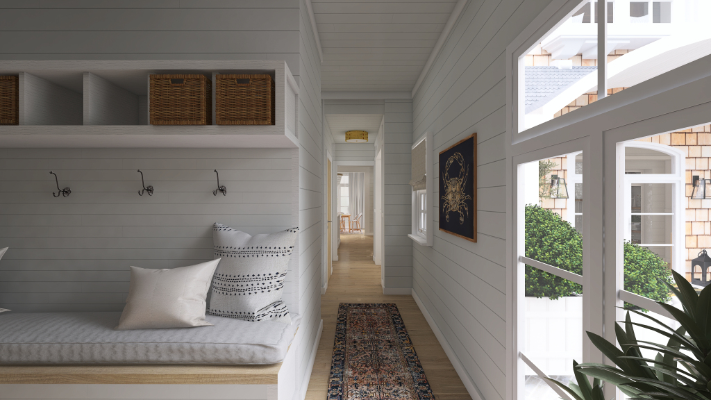 Contemporary Costal White Blue Beige Hallway 3d design renderings