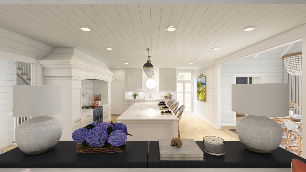 Contemporary Costal White Blue Beige Living Room 3d design renderings