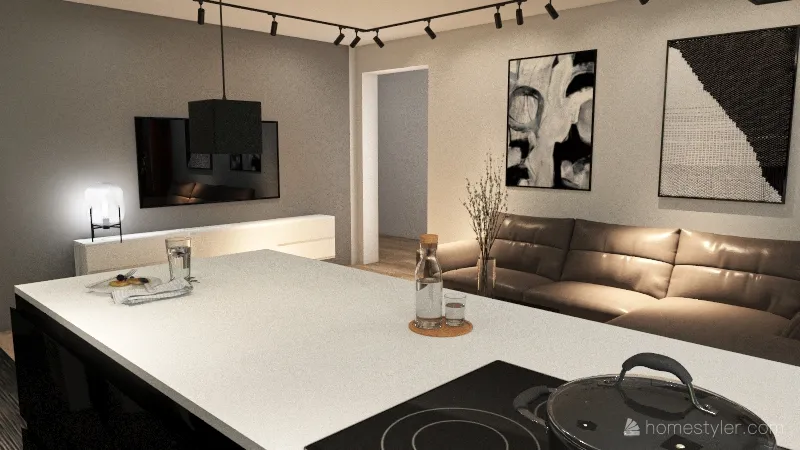 FLAT WITH BLACK KITCHEN AND ISLAND 3d design renderings
