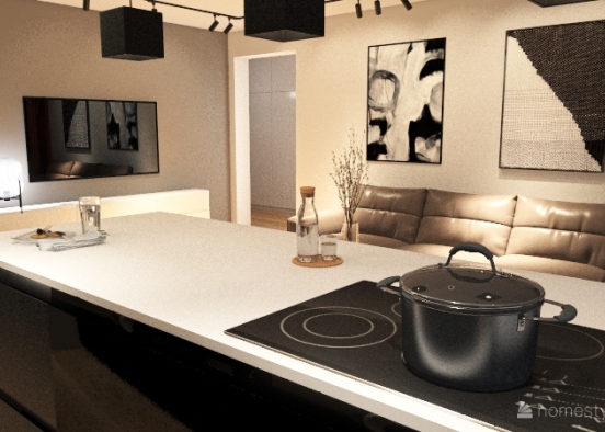 FLAT WITH BLACK KITCHEN AND ISLAND Design Rendering
