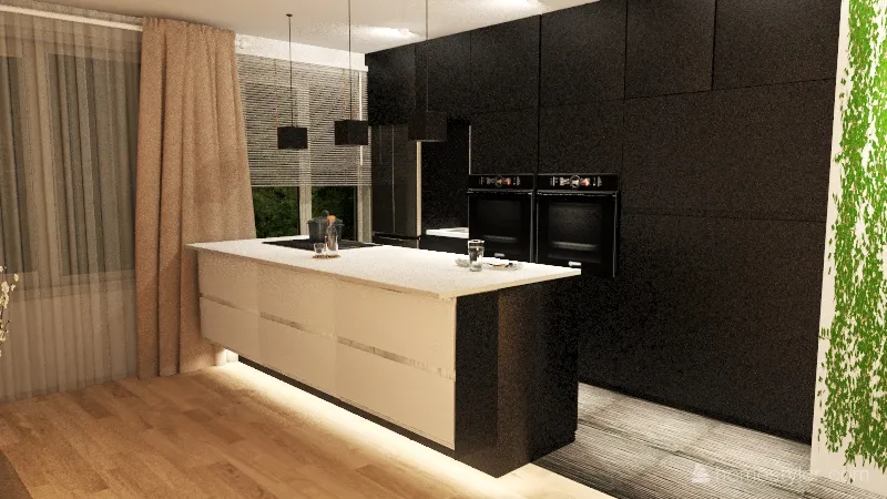 FLAT WITH BLACK KITCHEN AND ISLAND 3d design renderings