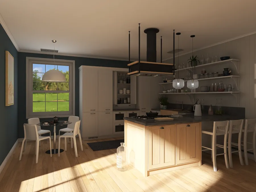 Modern Grey Blue Beige Kitchen 3d design renderings