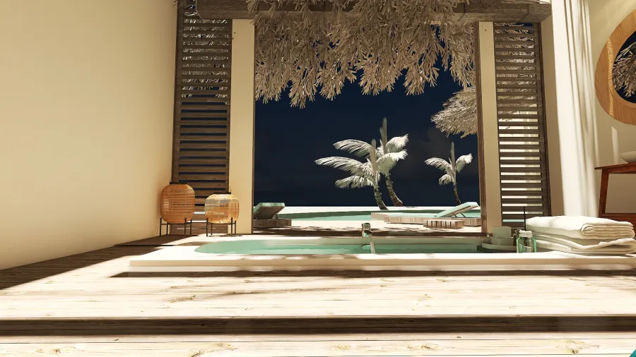 Rustic Mediterranean Costal TropicalTheme Tropical paradise! Beige Green WoodTones 3d design renderings