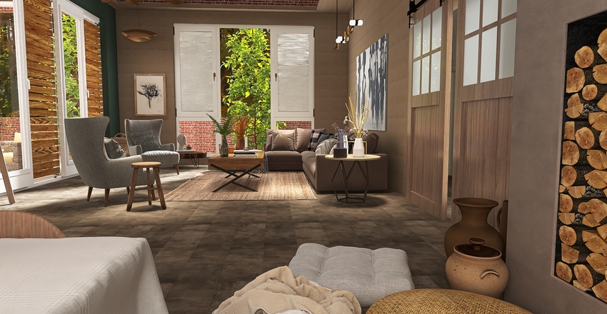 Red brick house in the country. Interior Design Render