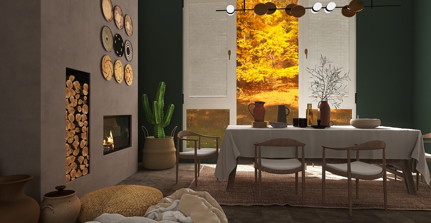 Red brick house in the country. Interior Design Render