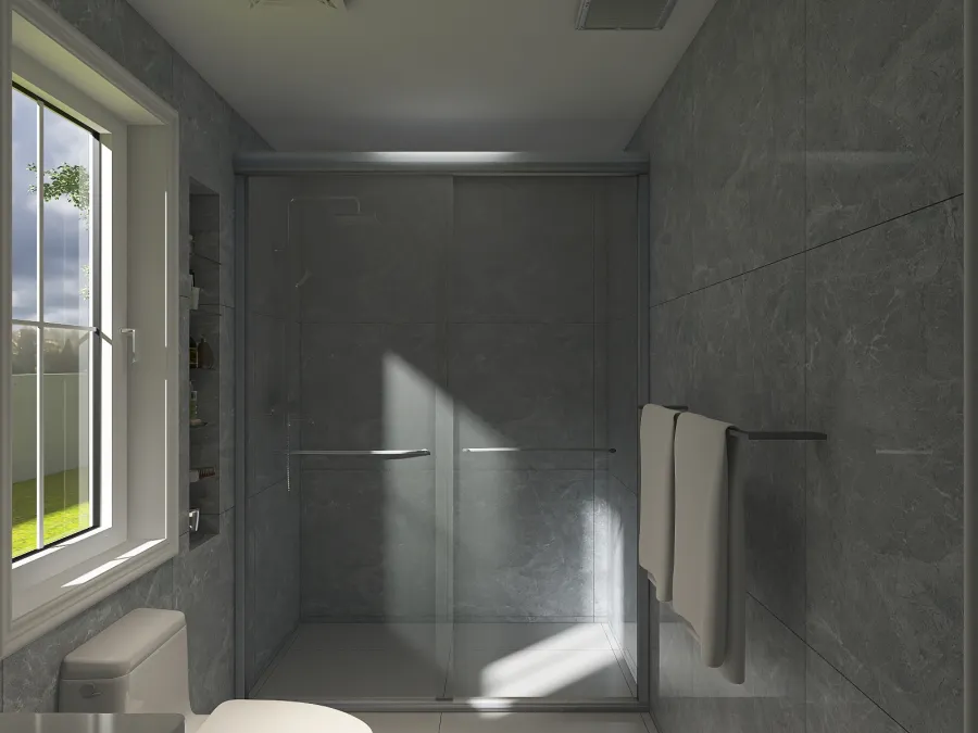 Modern Grey Blue Beige Master Bathroom 3d design renderings