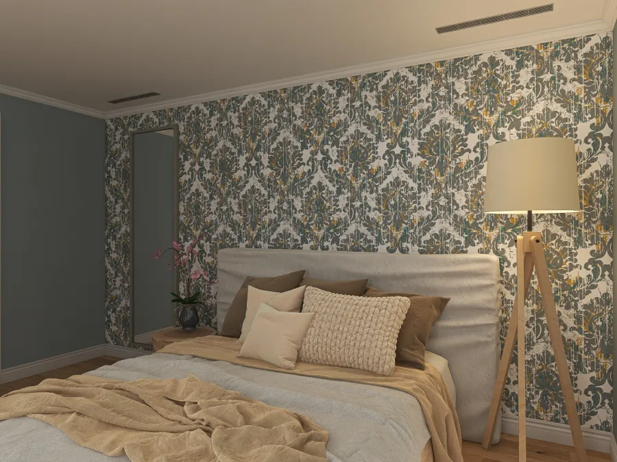 Modern Grey Blue Beige Master Bedroom 3d design renderings