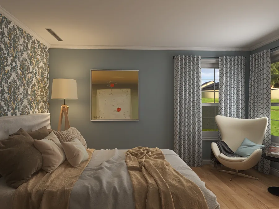 Modern Grey Blue Beige Master Bedroom 3d design renderings