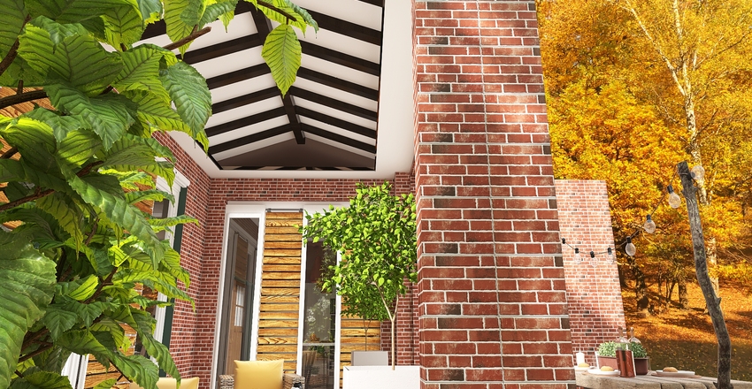 Red brick house in the country. Interior Design Render