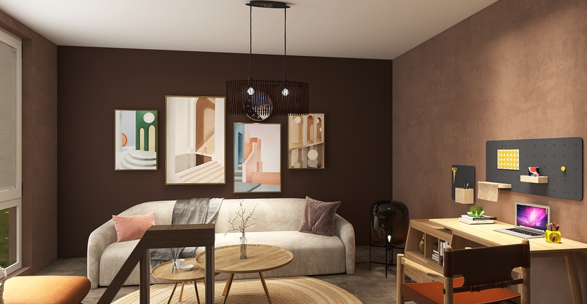 Red brick house in the country. Interior Design Render