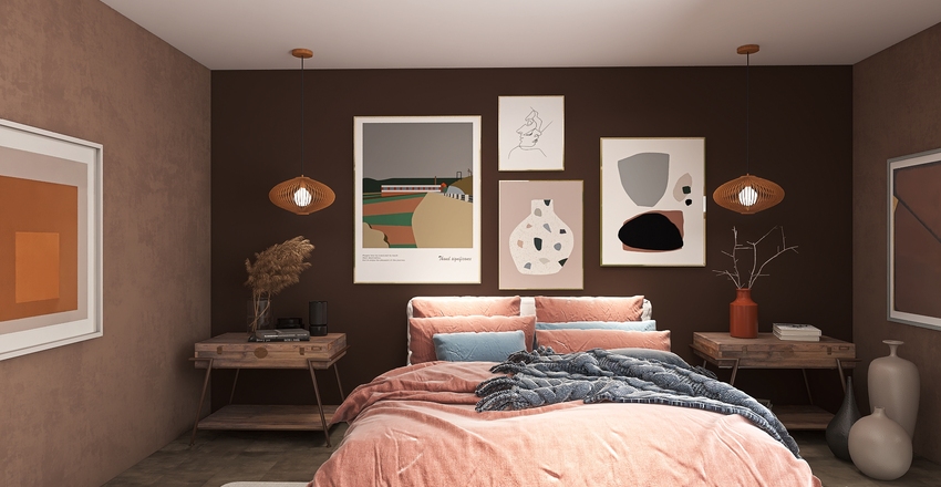 Red brick house in the country. Interior Design Render