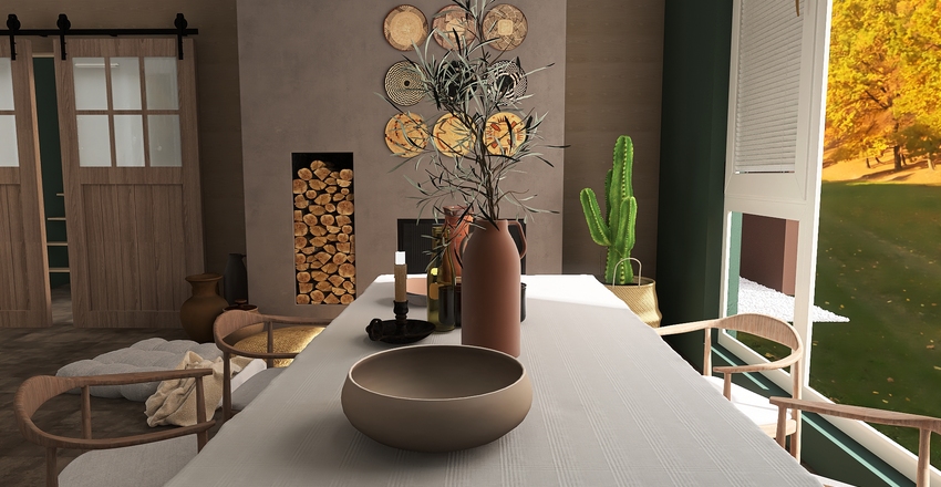Red brick house in the country. Interior Design Render