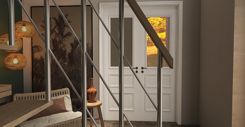 Red brick house in the country. Interior Design Render