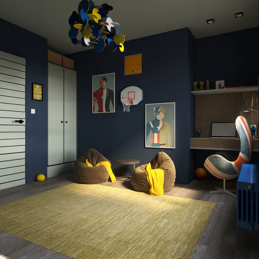 Modern Contemporary Black Beige Grey Green Blue EarthyTones Kids Room 3d design renderings