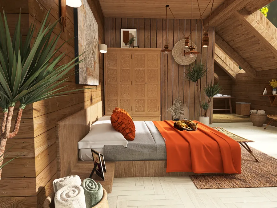Farmhouse WabiSabi house in the woods Orange WoodTones 3d design renderings