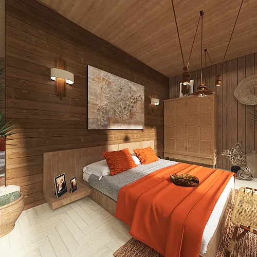 Farmhouse WabiSabi house in the woods Orange WoodTones 3d design renderings