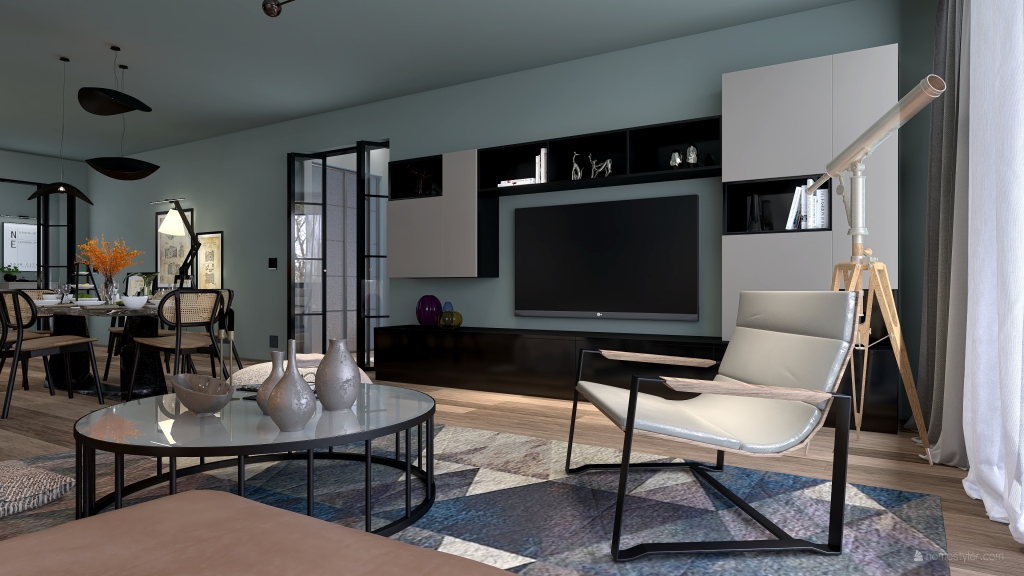 StyleOther Industrial Contemporary Blue Grey ColorScemeOther Living and Dining Room 3d design renderings