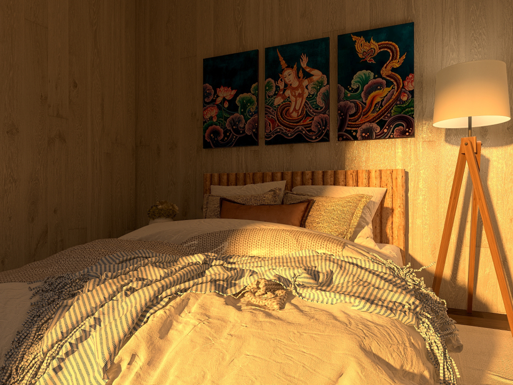 WabiSabi WoodTones White Bedroom 3d design renderings
