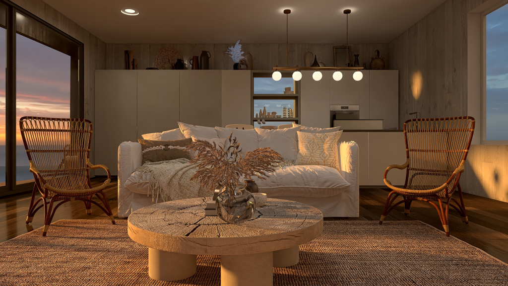 WabiSabi WoodTones White Living and Dining Room 3d design renderings
