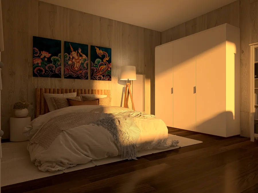 WabiSabi WoodTones White Bedroom 3d design renderings