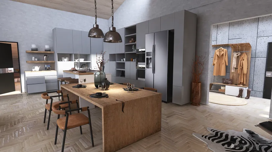 Industrial Modern Casa de invierno Beige Grey WoodTones 3d design renderings