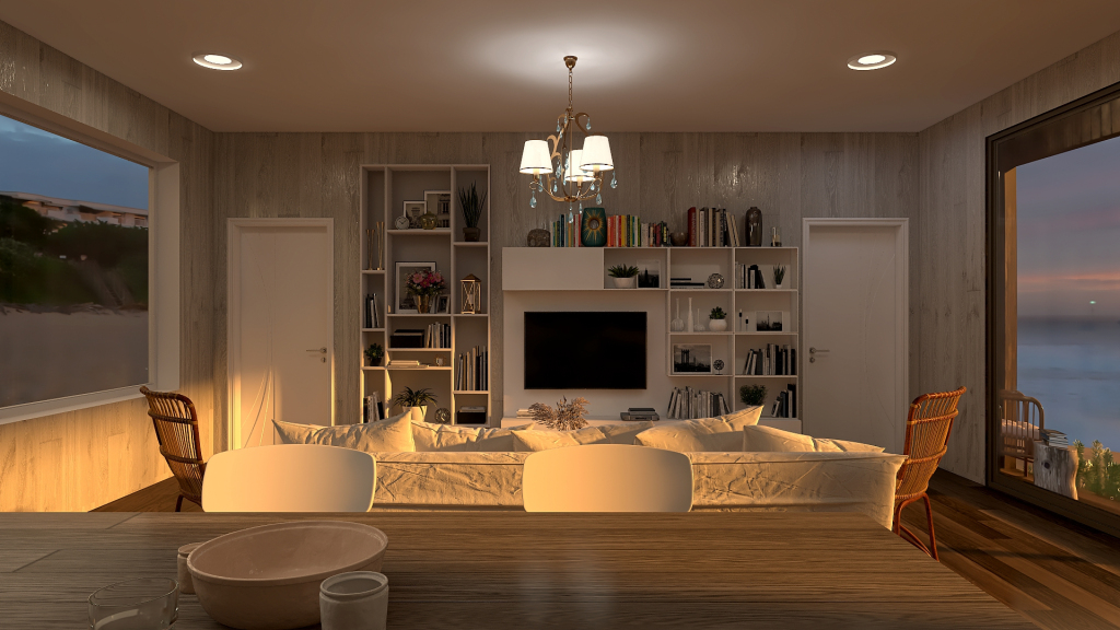 WabiSabi WoodTones White Living and Dining Room 3d design renderings