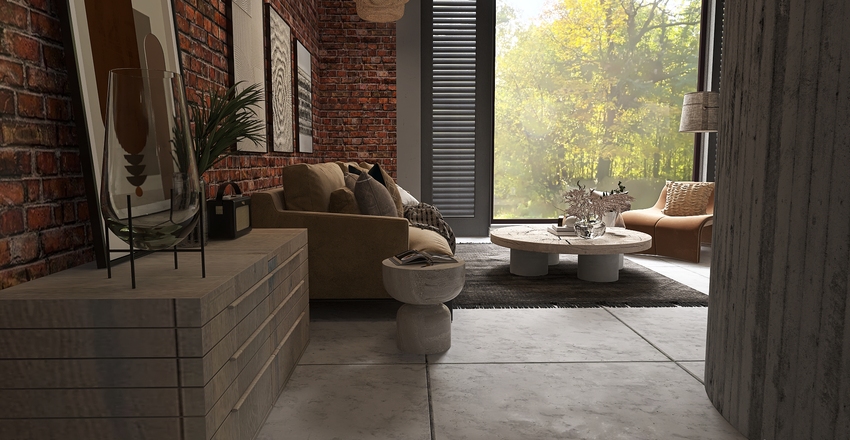 Earthy brick and concrete. Interior Design Render
