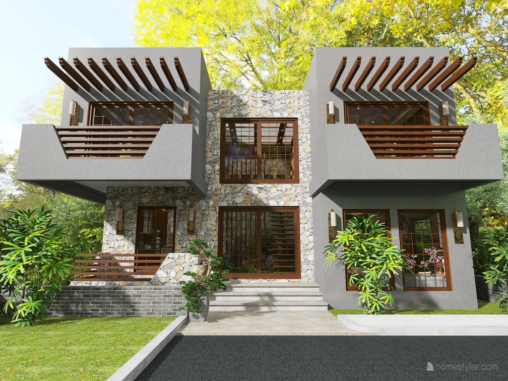 Asian Modern TropicalTheme Shinrin-Yoku House WoodTones Grey 3d design renderings