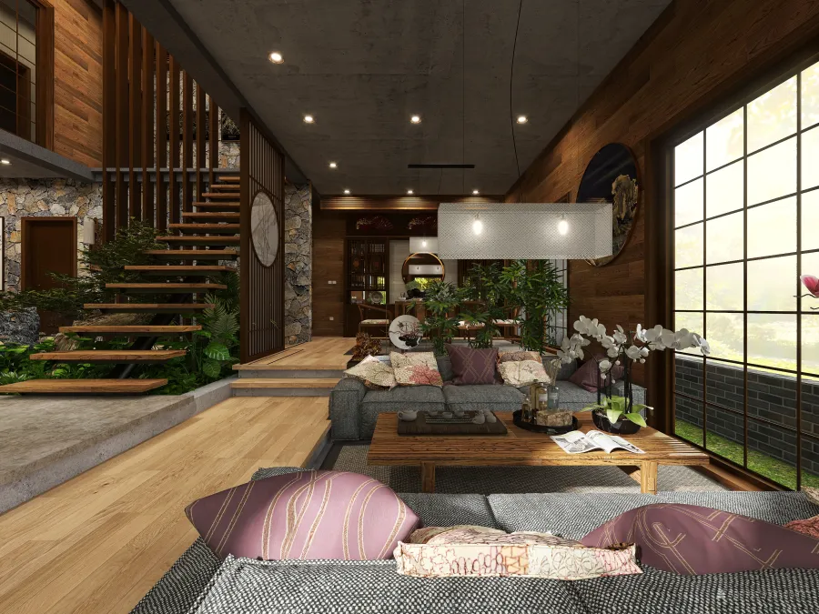 Asian Modern TropicalTheme WoodTones Grey MAIN HALL, DINING, AND LIVING AREA 3d design renderings
