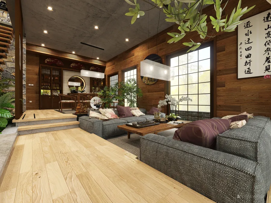 Asian Modern TropicalTheme WoodTones Grey MAIN HALL, DINING, AND LIVING AREA 3d design renderings