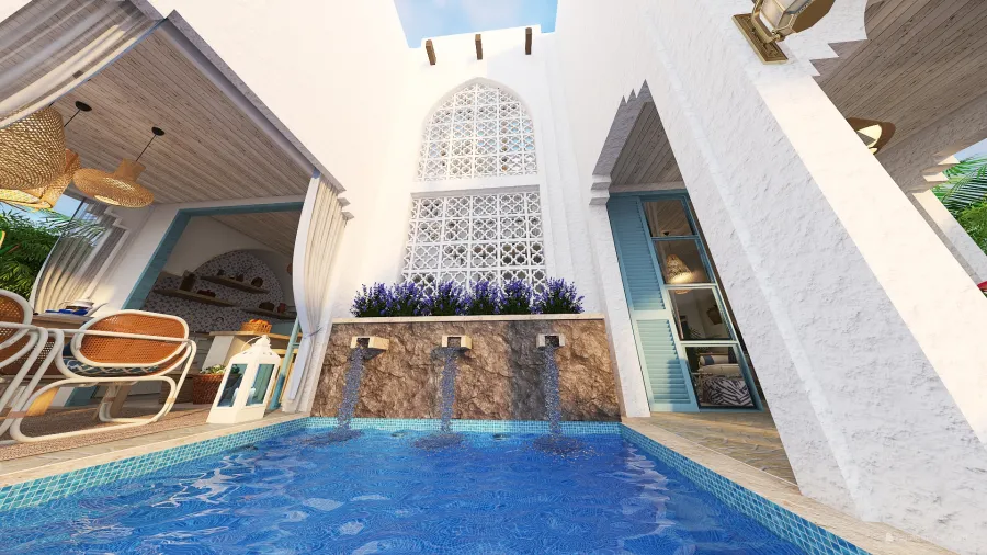 Mediterranean Bohemian TropicalTheme Beach House somewhere in the Persian Gulf White Blue 3d design renderings