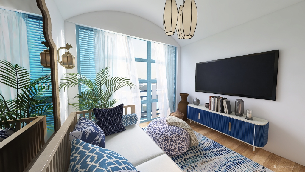 Mediterranean Bohemian TropicalTheme Beach House somewhere in the Persian Gulf White Blue 3d design renderings