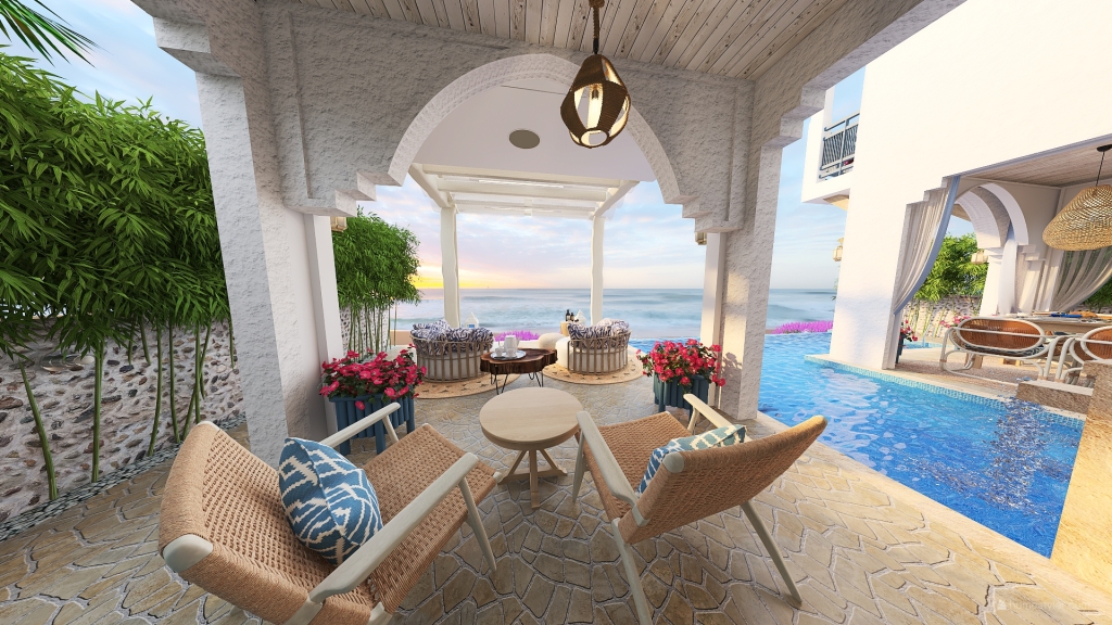 Mediterranean Bohemian TropicalTheme White Blue pool deck 3d design renderings