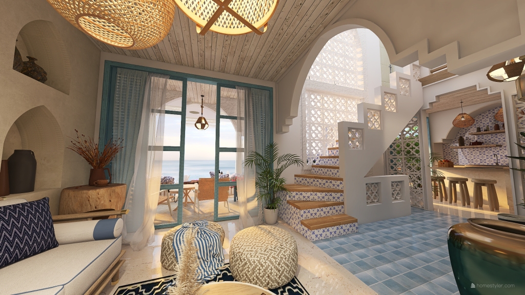 Mediterranean Bohemian TropicalTheme White Blue Living Room 3d design renderings