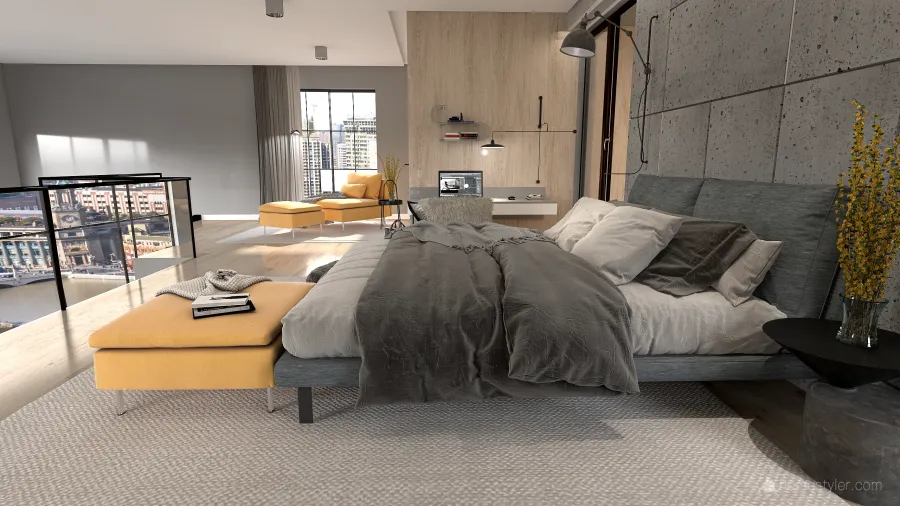 Industrial Bauhaus Modern Apartamento loft Yellow Grey 3d design renderings