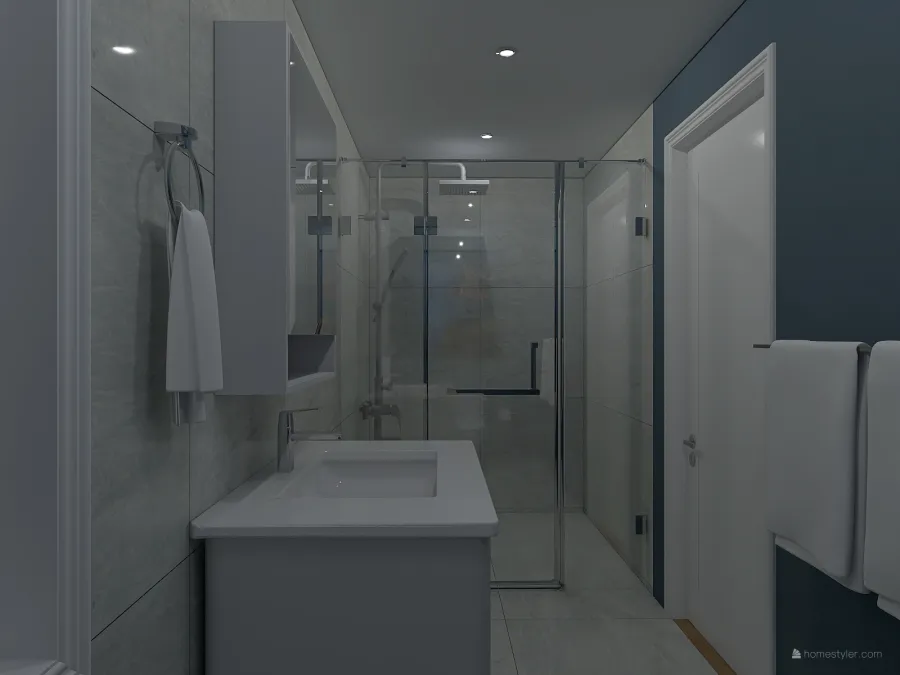 Modern Contemporary Blue White EarthyTones Master Bathroom 3d design renderings