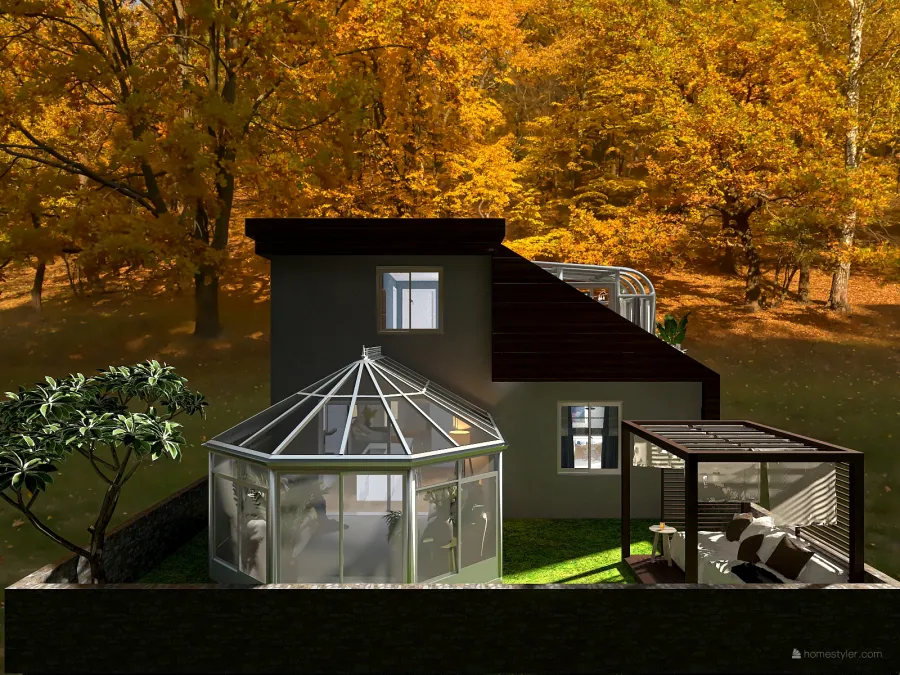 Modern Contemporary Black Forest Cabin Blue White EarthyTones 3d design renderings