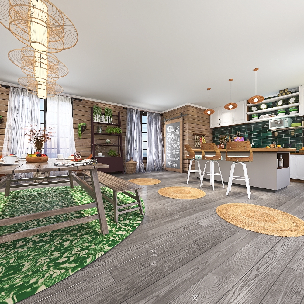 Farmhouse TropicalTheme Green WoodTones Kitchen 3d design renderings