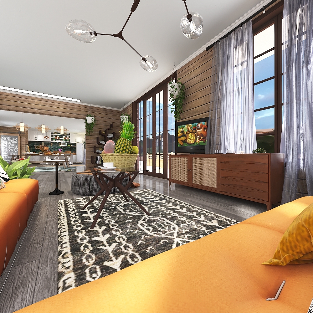 Farmhouse TropicalTheme Green WoodTones Living Room 3d design renderings