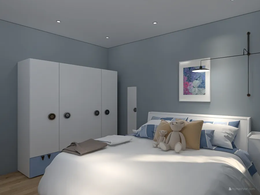 Modern Contemporary Blue White EarthyTones Second Bedroom 3d design renderings