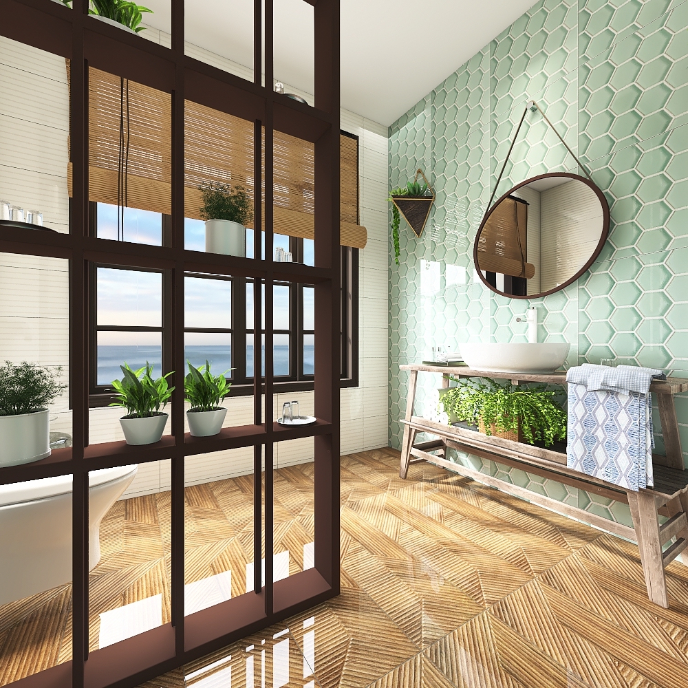 Farmhouse TropicalTheme Green WoodTones Bathroom 3d design renderings