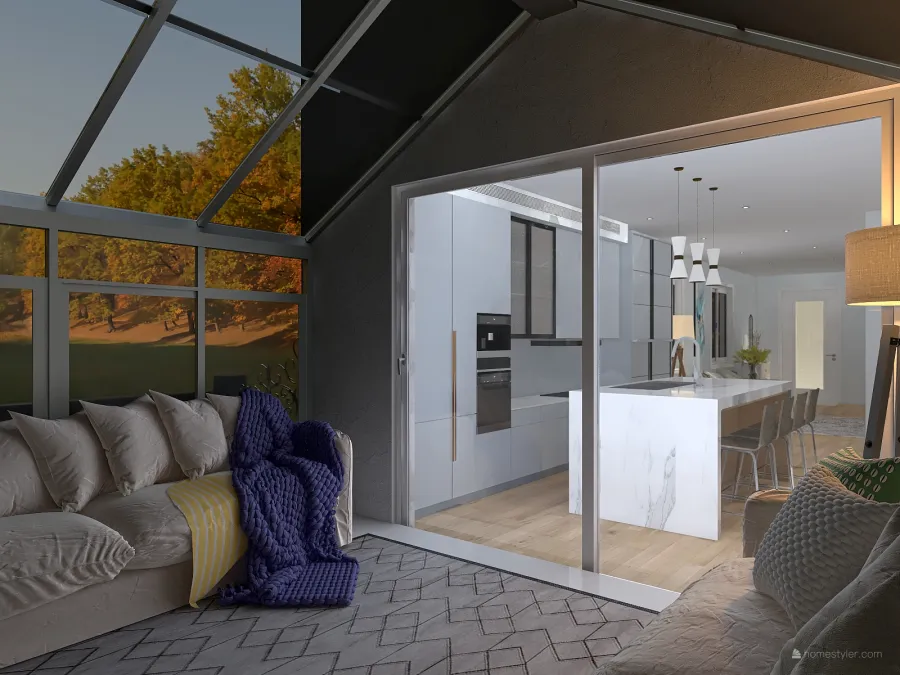 Modern Contemporary Black Forest Cabin Blue White EarthyTones 3d design renderings