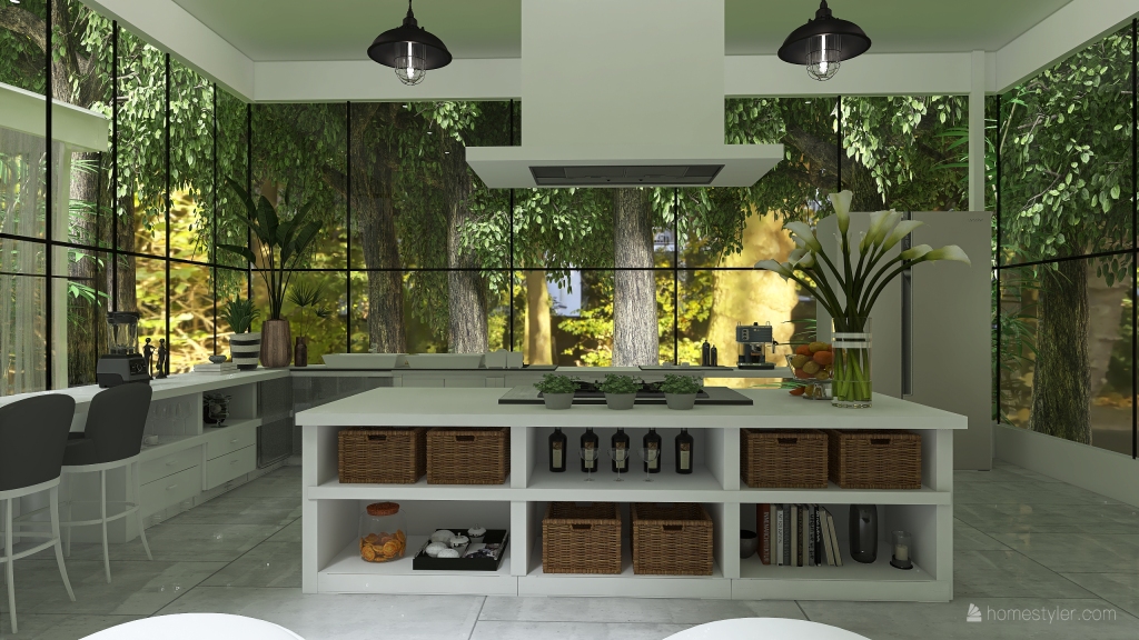 Modern Contemporary TropicalTheme Isolation in the woods Green White Grey 3d design renderings