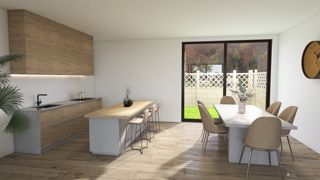 Concrete themed kitchen and dining room 3d design renderings